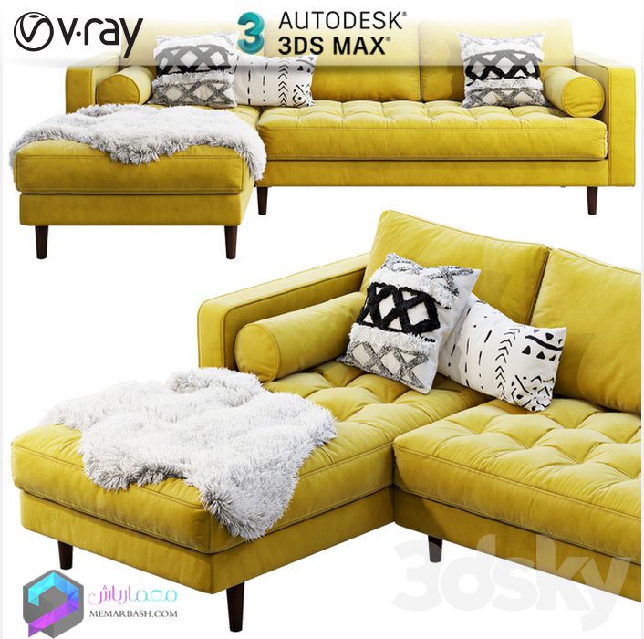 مبلمان نیم ست  L شکل زرد چستر به همراه شال مبل خز | L-type Sofa Set