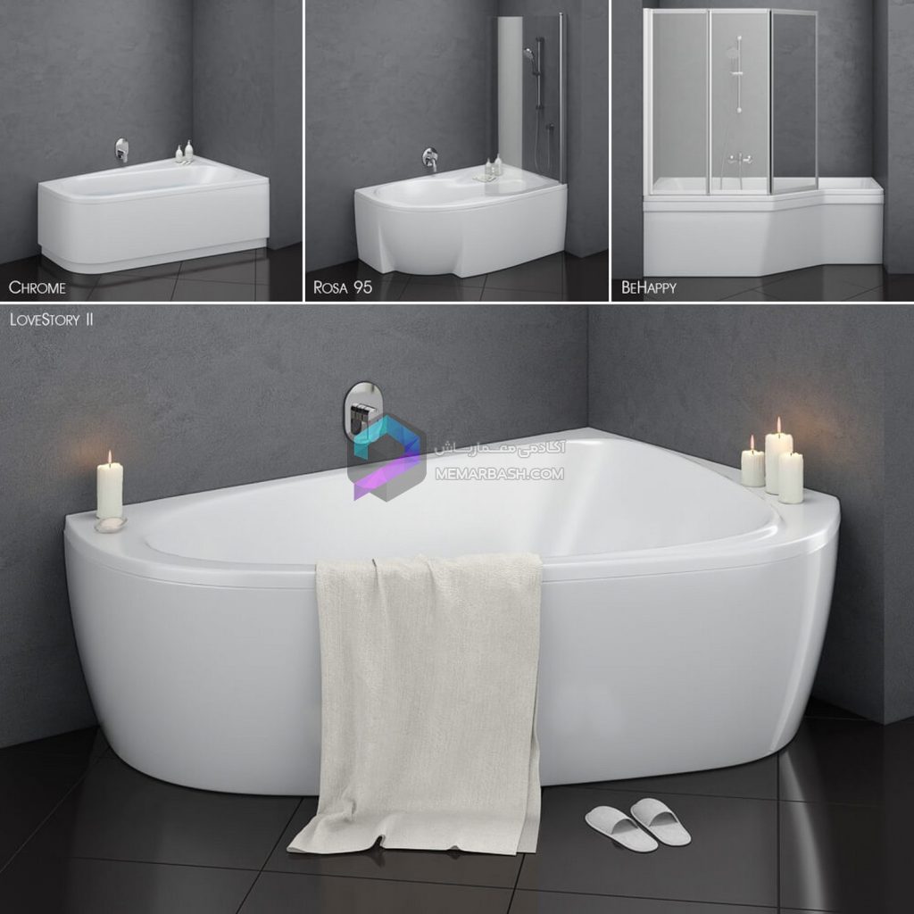ست وان گوشه سرویس حمام مدل سه بعدی Set of asymmetric baths Ravak set