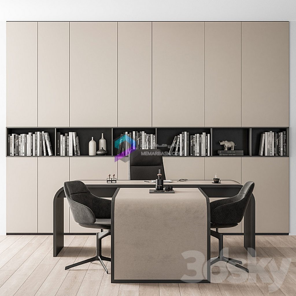 ست مبلمان و کمد اداری مدل سه بعدی Office Furniture Boss Desk Cream Manager Set Table 43
