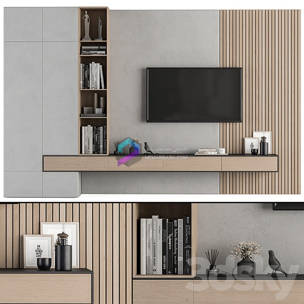 ست دیوار تلویزیون مدل سه بعدی TV Wall Wood and Concrete Set 26