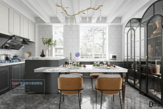 صحنه آماده داخلی آشپزخانه و ناهارخوری مدل سه بعدیkit D002 memarbash European style Corona model