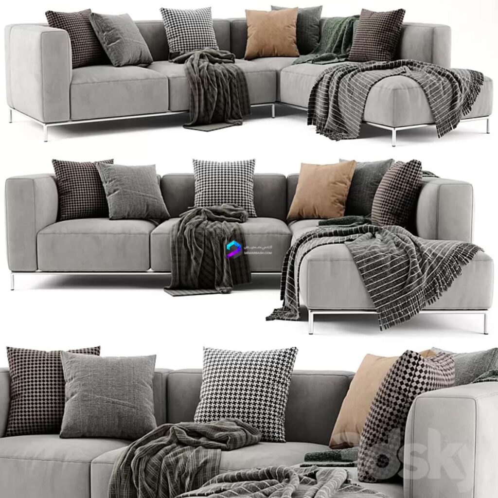 ست مبلمان L شکل رنگ طوسی روشن با پایه استیل و شال مبل | Cassina Mex Hi Set