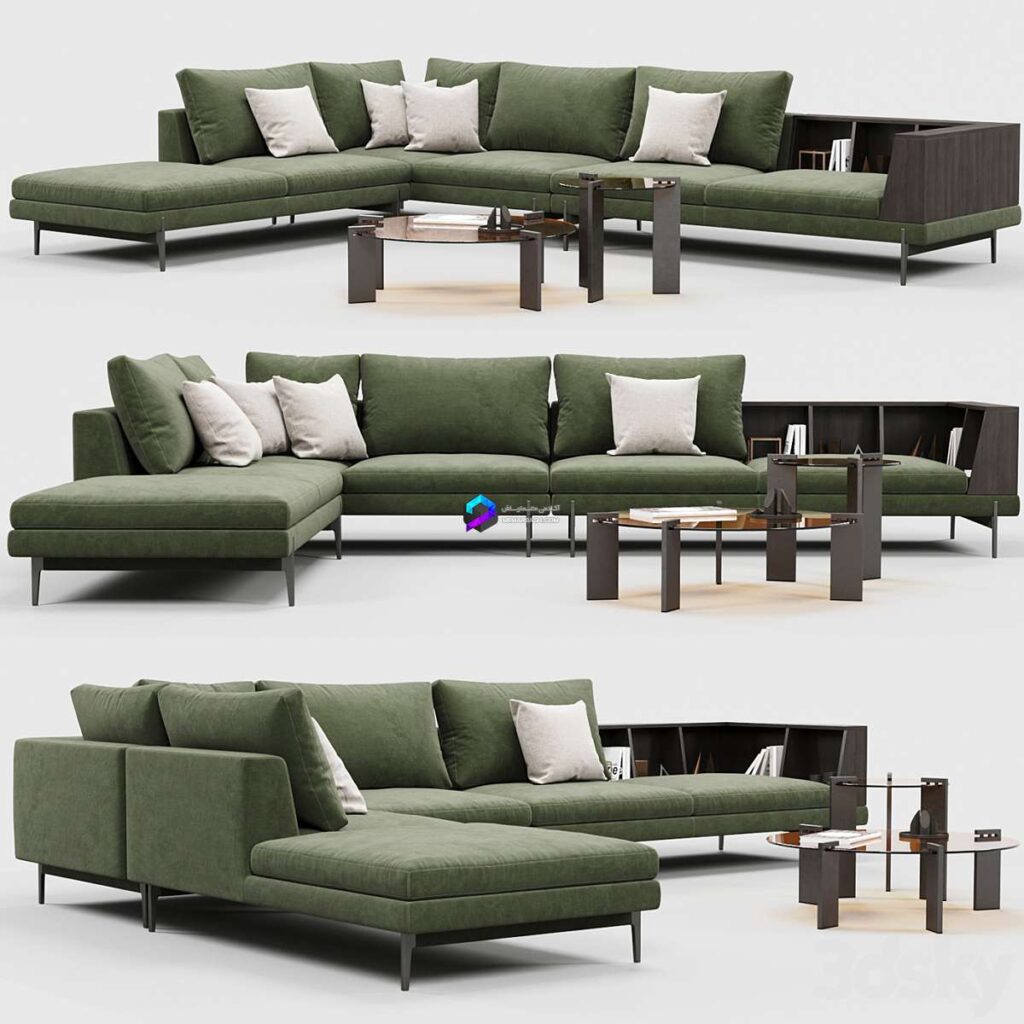 ست کامل مبلمان مدرن ال شکل با میزجلومبلی رنگ سبز | L-Shaped Sofa Set