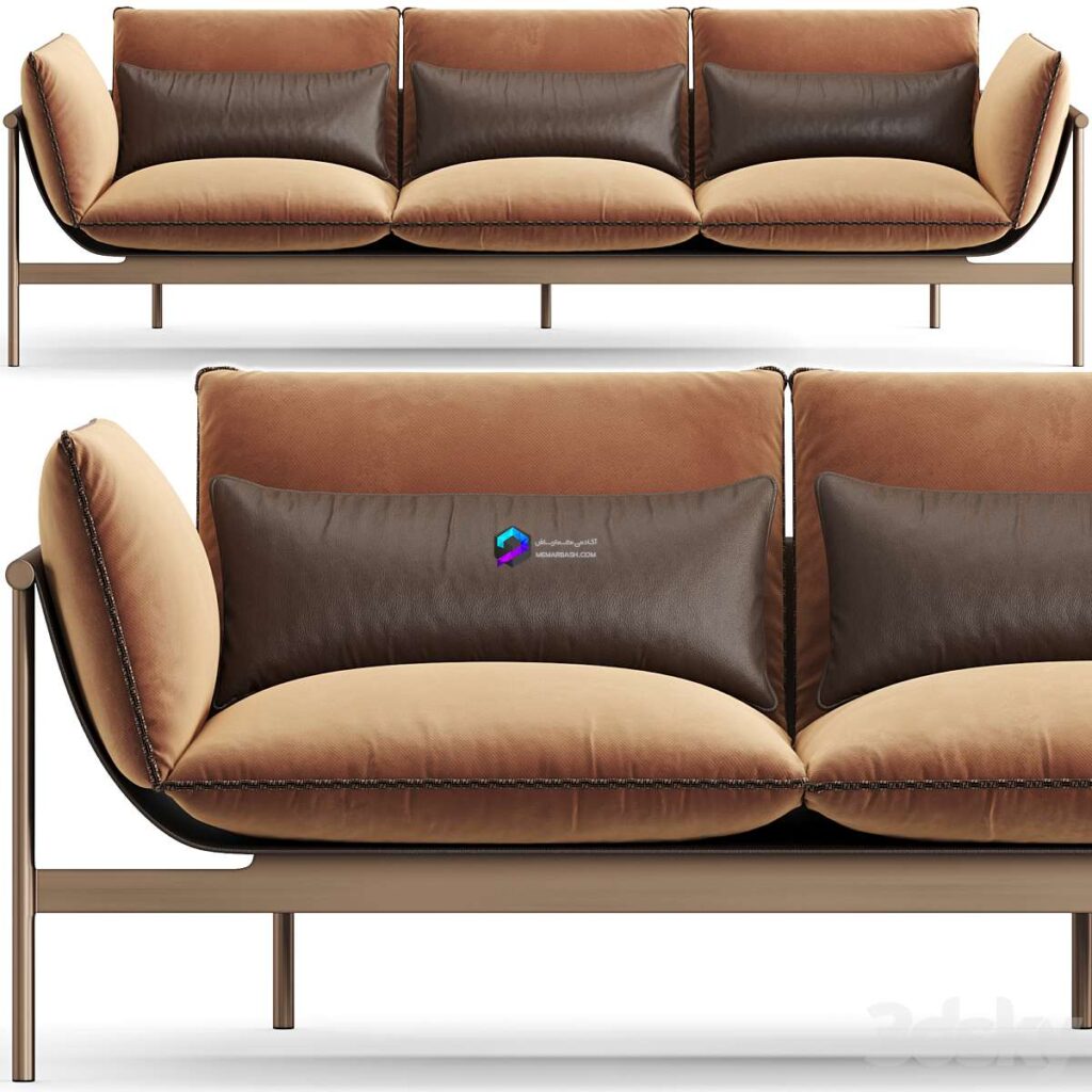 مبل تک مدرن فندی سه نفره آجری با پایه استیل طلایی | Fendi Casa Totu Sofa