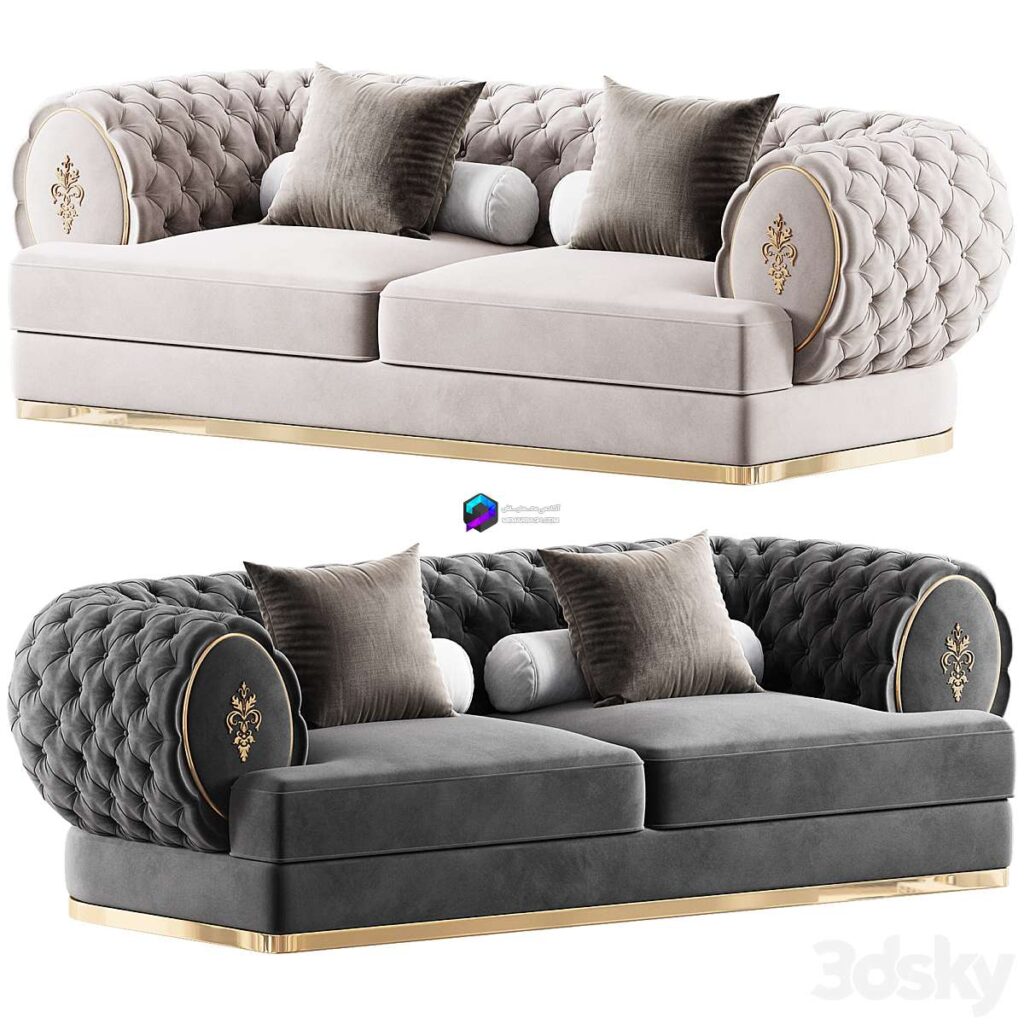 مبل تک نئوکلاسیک مخمل با تکیه گاه چستر در 2 رنگ و پایه استیل طلایی | Visionnaire oberon sofa
