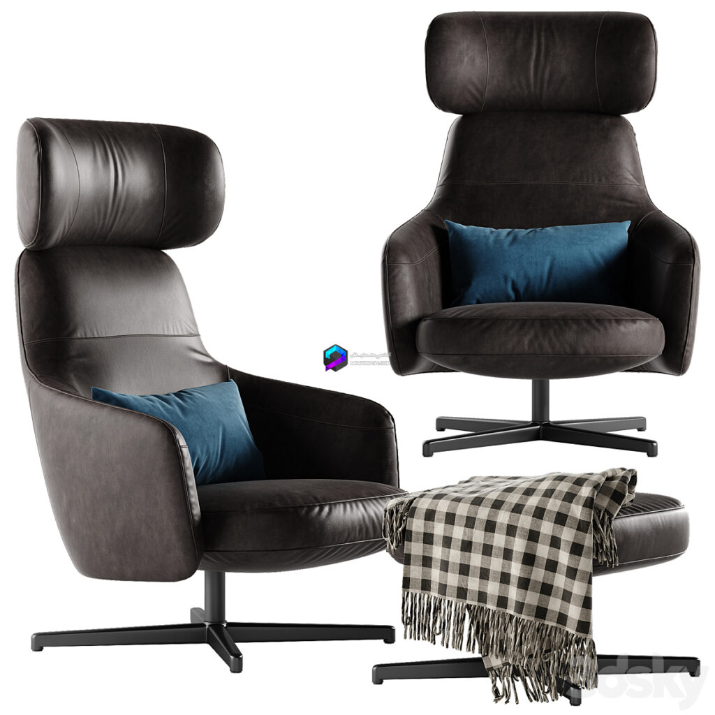 cuper armchair آبجکت صندلی چرم قهوه ای با میز