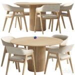 table آبجکت ست ناهارخوری چوبی مدرن گرد | Chelsea chair cream fabric and Palais Royal dining table