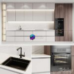 صحنه آماده آشپزخانه خطی سفید و چوبی | Kitchen 00001 | Kitchen 00001