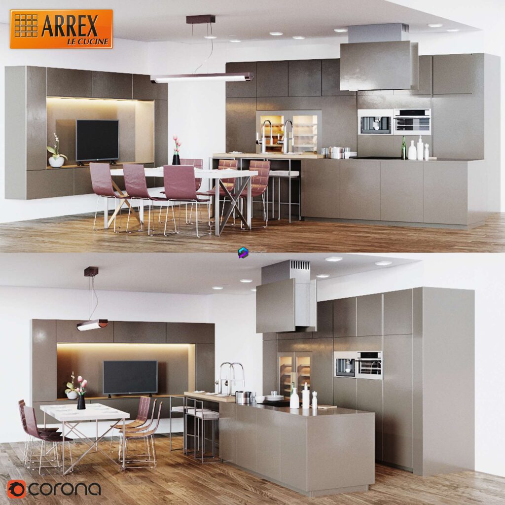 صحنه آماده آشپزخانه با دکور و میز رنگ بژ | Modern Kitchen with dining table