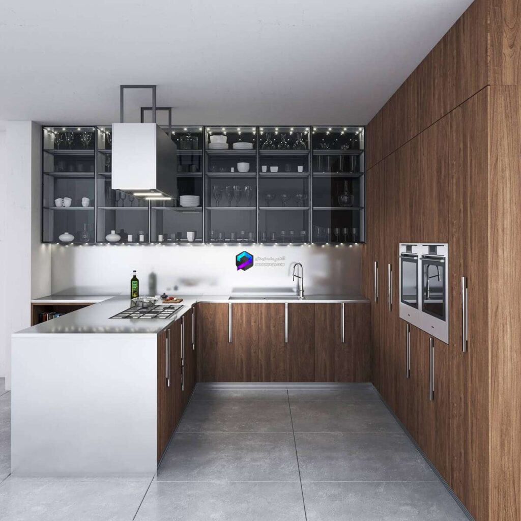 صحنه آماده آشپزخانه مدرن چوبی با ویترین | Modern Kitchen