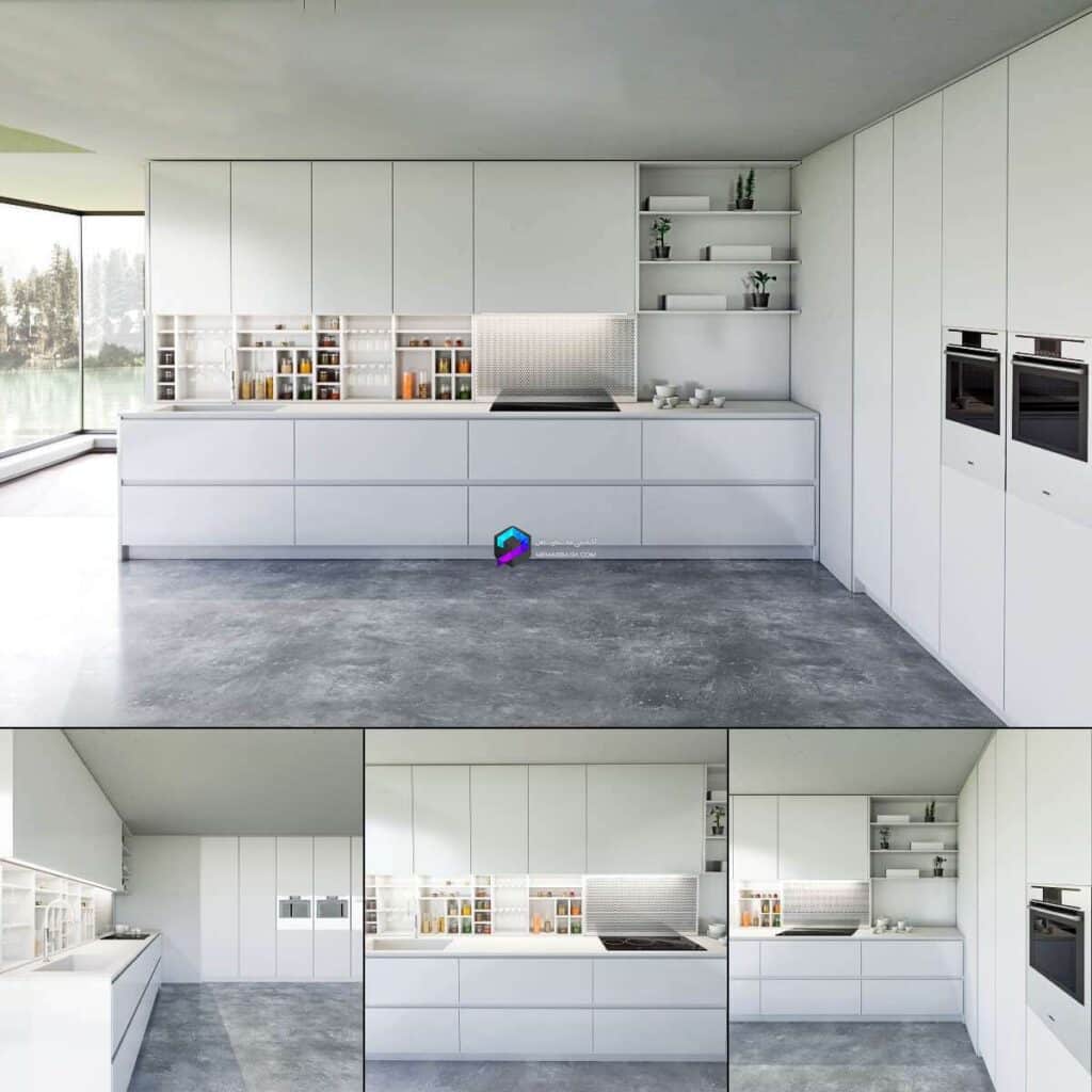صحنه آماده آشپزخانه مدرن سفید با ماکروفر | Modern white kitchen with microwave