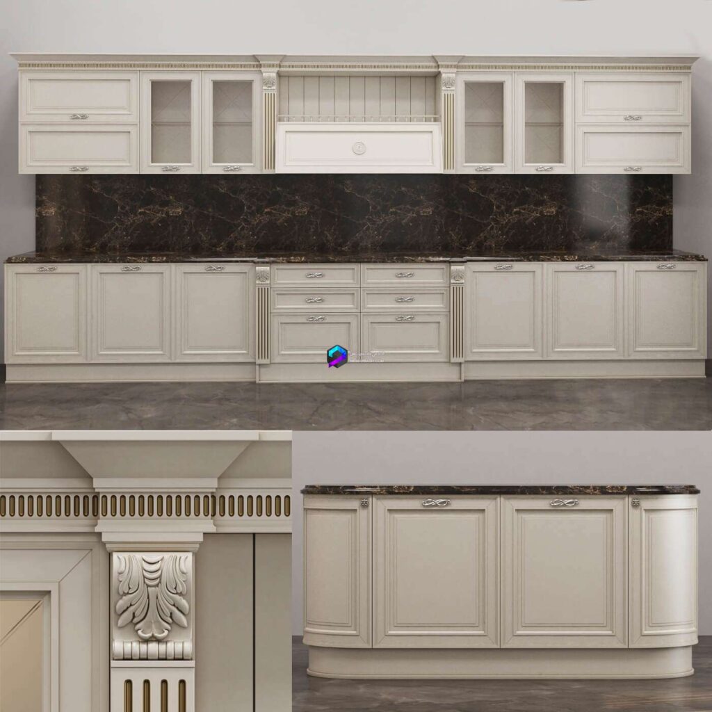 صحنه آماده آشپزخانه خطی کلاسیک کرمی | Classic Cream Linear Kitchen