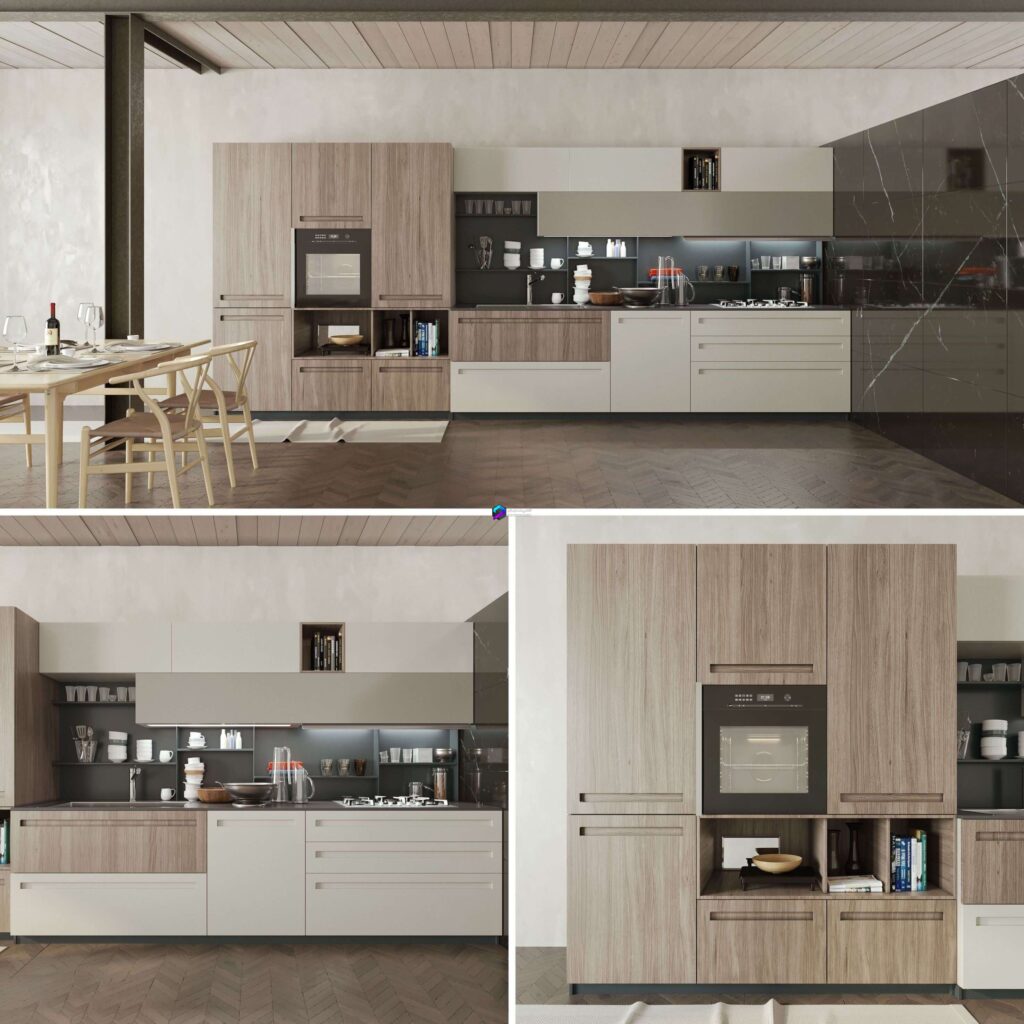 صحنه آماده آشپزخانه چوبی مدرن به همراه میز ناهارخوری | Modern wooden kitchen with dining table