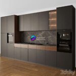 صحنه آماده آشپزخانه مشکی مدرن | Modern black linear kitchen | Kitchen Modern 05 Black Wood
