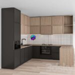 آبجکت کابینت آماده مدرن مشکی | Kitchen 5 | Kitchen Modern Black and White with Wood 50