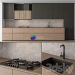 صحنه آماده آشپزخانه چوب و مشکی خطی به همراه اجاق گاز | Linear black and wood kitchen with gas stove | Kitchen Modern Black and Wood 76