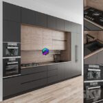 صحنه آماده آشپزخانه خطی مدرن مشکی و چوب | Modern linear kitchen in black and wood | Kitchen Modern Wood and Black 49