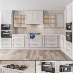 صحنه آماده آشپزخانه نئوکلاسیک به همراه اجاق گاز و ماکروفر | Neoclassical kitchen with stove and microwave | Kitchen Neo Classic Cream Set 27