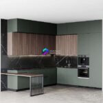 صحنه آماده آشپزخانه مدرن ترکیب چوب و رنگ سبز | Modern kitchen with wood and green color | Kitchen modern255 0