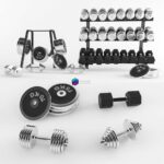آبجکت دمبل‌ها و صفحه‌های وزنه‌برداری روی رک | A Set of Sports Dumbbells and Pancakes on the Racksl | A Set of Sports Dumbbells and Pancakes on the Racksl