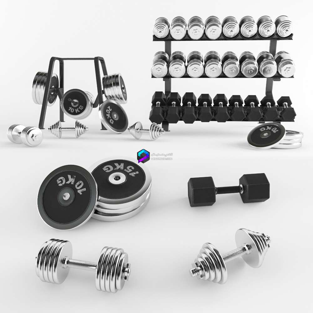 آبجکت دمبل‌ها و صفحه‌های وزنه‌برداری روی رک | A Set of Sports Dumbbells and Pancakes on the Racksl