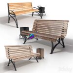 مدل سه‌بعدی نیمکت پارکی چوبی با گلدان | A set of park benches with urns 0