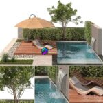 مدل سه‌بعدی فضای باز با استخر و مبلمان مدرن | Backyard with Pool plants Furniture