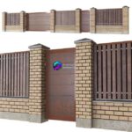مدل سه‌بعدی نرده آجری با درب چوبی مدرن | Brick fence