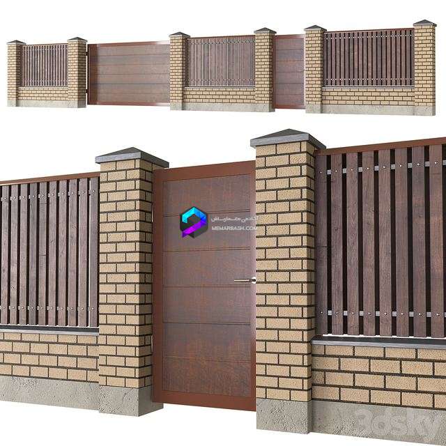 مدل سه‌بعدی نرده آجری با درب چوبی مدرن