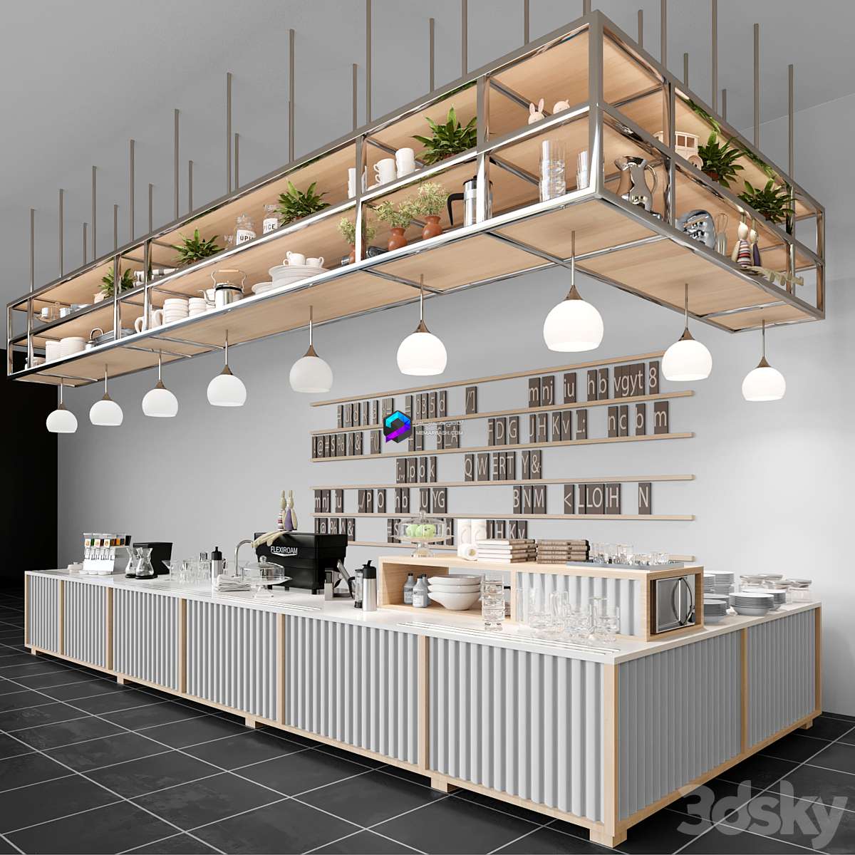 Design project of a coffee house in loft style with a coffee machine and dishes