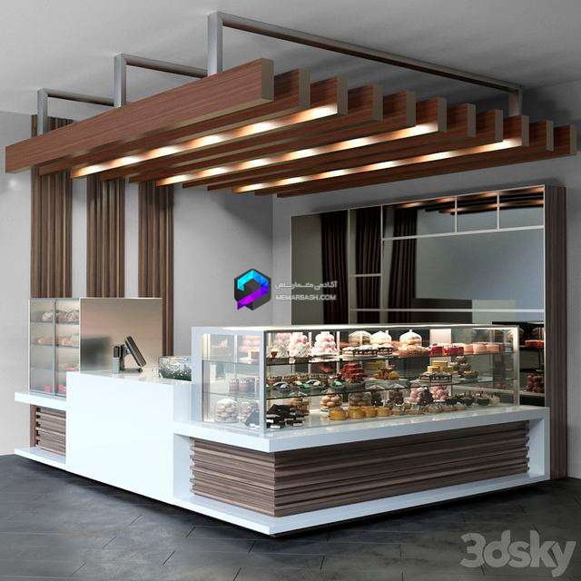 کافی شاپ با سقف کاذب چوبی و ویترین کیک و دسر | Design project of a coffee point with a confectionery showcase and desserts