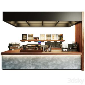 Design project of a coffee shop with a showcase with desserts and sw