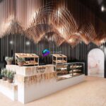 کافی شاپ رستورانی با دکور و سقف مسی و ویترین کیک و دسر | Design project of a restaurant with elements of copper decor and a showcase with desserts and sweets 1 | Design project of a restaurant with elements of copper decor and a showcase with desserts and sweets 1