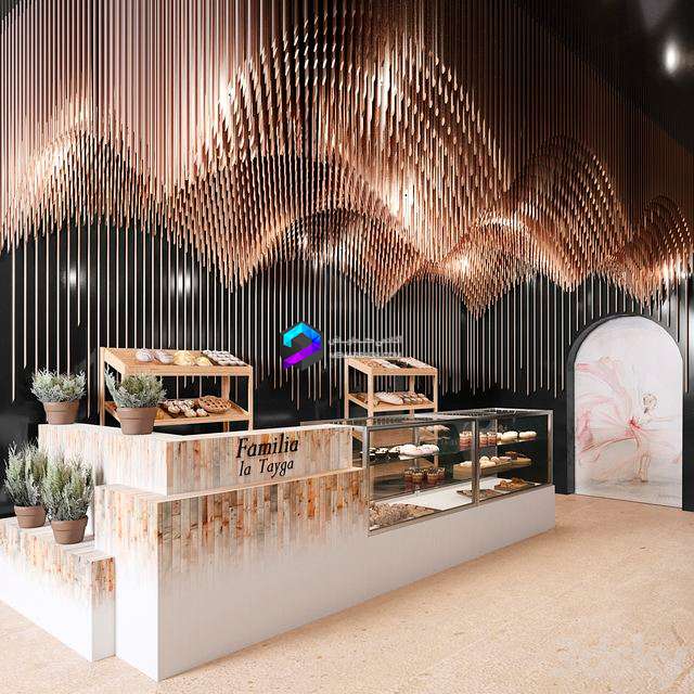 کافی شاپ رستورانی با دکور  و سقف مسی و ویترین کیک و دسر | Design project of a restaurant with elements of copper decor and a showcase with desserts and sweets 1