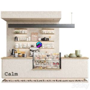 Designer coffee shop with stones and a display case with desserts 0