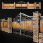 مدل سه‌بعدی نرده با درب ورودی چوبی و فلزی | Fence with gate and wicket 3