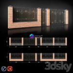 مدل سه‌بعدی نرده آجری با درب ورودی فلزی | Fence with gates and wicket