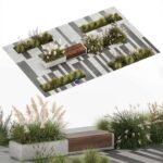 مدل سه‌بعدی باغچه با بوته‌های چمن و نیمکت بتنی | Flower bed with feather grass bushes and bench paving slabs 1147