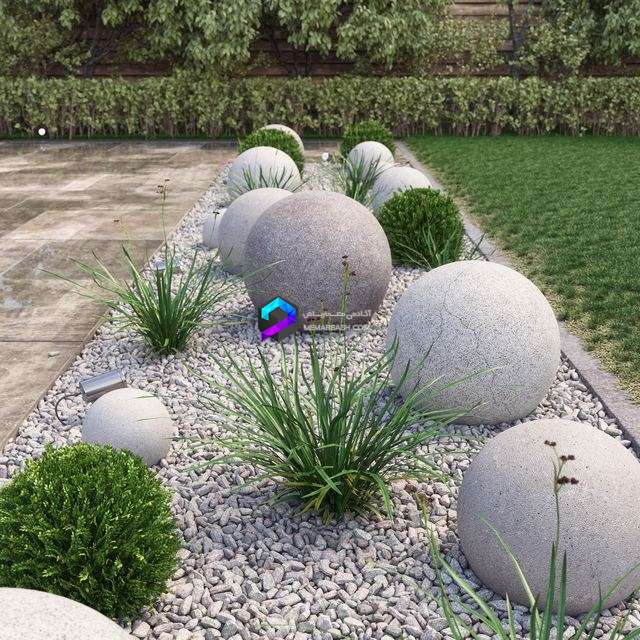 مدل سه‌بعدی باغچه خارجی با سنگ‌ریزه و گیاهان زینتی