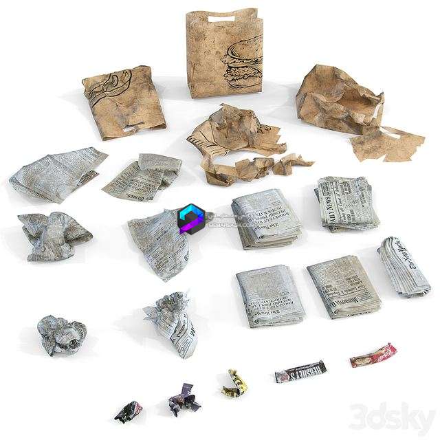 Newspaper, wrappers and bag