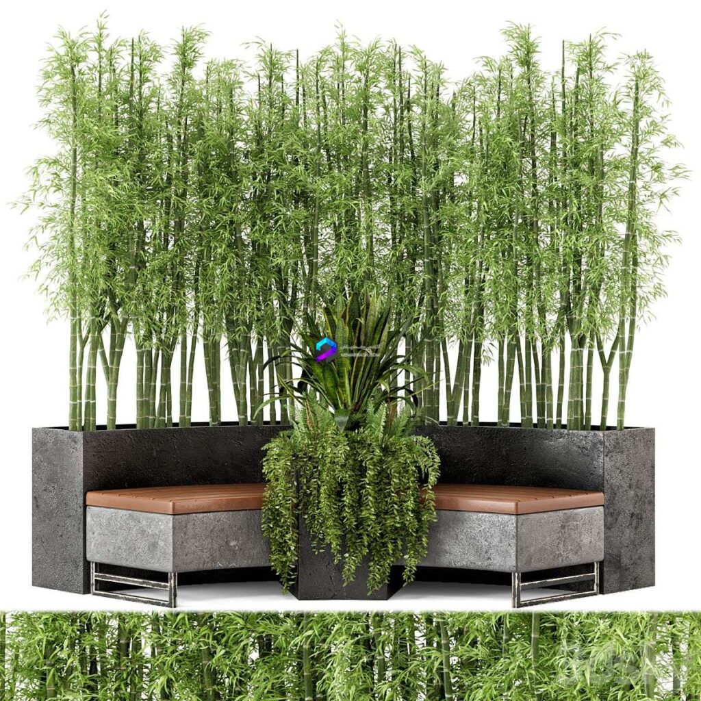 مدل سه‌بعدی باغچه خارجی با نشیمنگاه و گیاهان زینتی