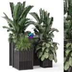 مدل سه‌بعدی گیاهان آپارتمانی در گلدان فلزی مدرن | Outdoor Plants Bush in Metal Pot Set 1074