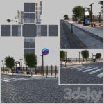 مدل پیاده رو و سنگفرش خیابان به همراه المان های شهری | Paving_and_Sidewalk_3| | Paving and Sidewalk 3