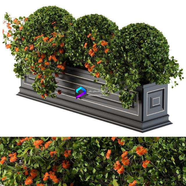 مدل سه‌بعدی جعبه گل کلاسیک با گیاهان تزئینی