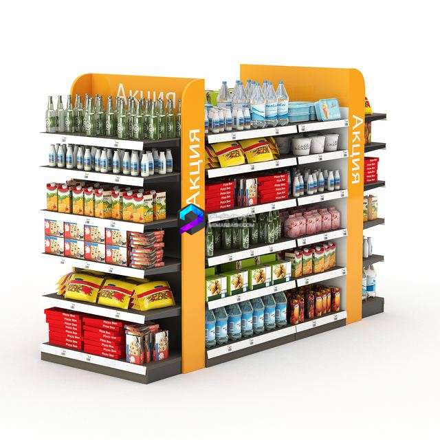 استند فروشگاهی همراه با اجناس و طبقات متنوع | Racks for the store with filling (2 types of shelves sizes)