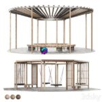 مدل سه‌بعدی پرگولا و آلاچیق چوبی با نیمکت و تاب | Set of pergolas gazebos canopies with swings benches