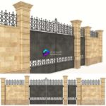 مدل سه‌بعدی نرده سنگی با درب ورودی فلزی | Stone Fence forging2