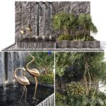 مدل سه‌بعدی آب‌نما با مجسمه‌های پرندگان و گیاهان تزئینی | Stonewall Plants birds