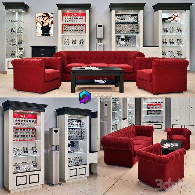 مدل سه بعدی استند نمایش عینک به همراه ست کامل مبلمان | Storefronts for the store of optics and not only 1